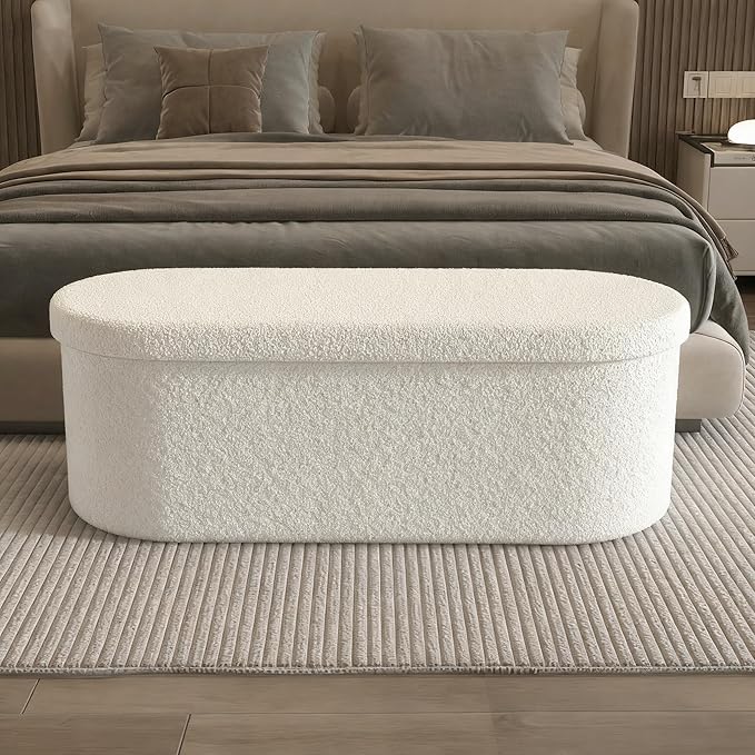 GLAXYFUR Oval Storage Ottoman Bench, Sherpa Foot Rest, 43 Inch Folding Chest for Living Room, Bedroom, White