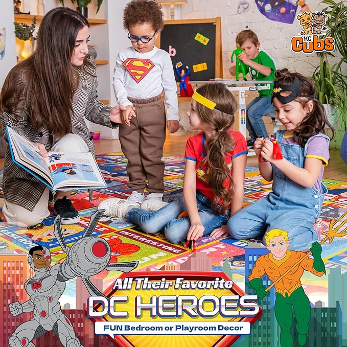 DC Super Friends Educational Kids Rug – ABC Alphabet, Emotions & Hero Traits Learning Mat – Social Skills Classroom, Playroom & Bedroom Carpet 3x5