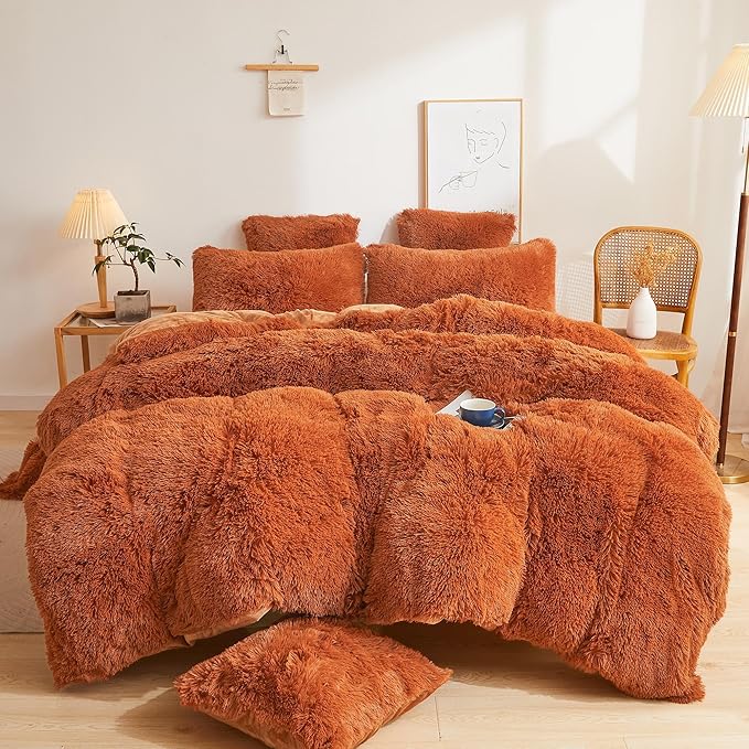XeGe Fluffy Faux Fur Duvet Cover Set, Luxury Ultra Soft Plush Shaggy Terracotta Bedding Set 3 Pieces Velvet(1 Fuzzy Comforter Cover + 2 Furry Pillow Cases), Zipper Closure (King, Burnt Orange)