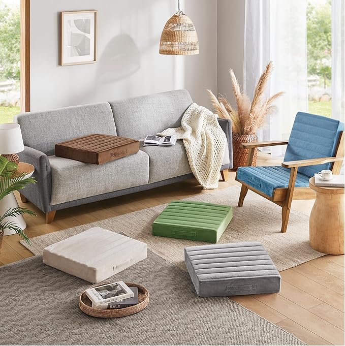 Codi High Density Foam Floor Pillow 2 Sets, Large Meditation Cushions Seating for Adults and Yoga Sitting, Washable Thick Couch Cushion with Soft Tufted Covers - 22 inch Blue