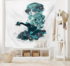 Ambesonne Skull Tapestry King Size, Vintage Sugar Shape Girl Day of the Dead Bride Dark Color Roses Graphic, Wall Hanging Bedspread Bed Cover Wall Decor, 104" X 88", Petrol Blue White