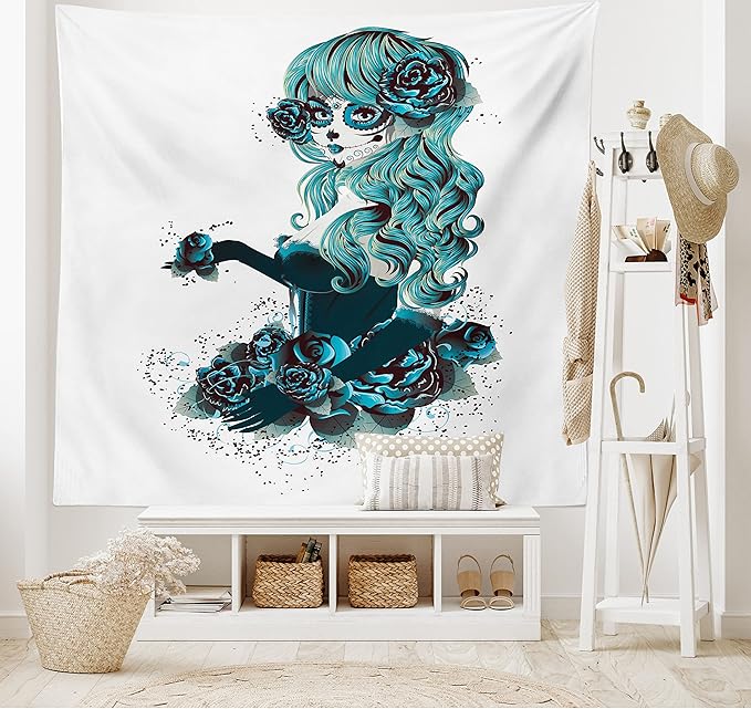 Ambesonne Skull Tapestry King Size, Vintage Sugar Shape Girl Day of the Dead Bride Dark Color Roses Graphic, Wall Hanging Bedspread Bed Cover Wall Decor, 104" X 88", Petrol Blue White