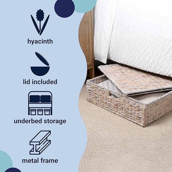 happimess BSK2015D Holden 30" Classic Costal Hand-Woven Hyacinth Wicker Under Bed Storage Basket with for Storage and Decoration in Bathroom, Bedroom, Closet, Entryway, White Wash