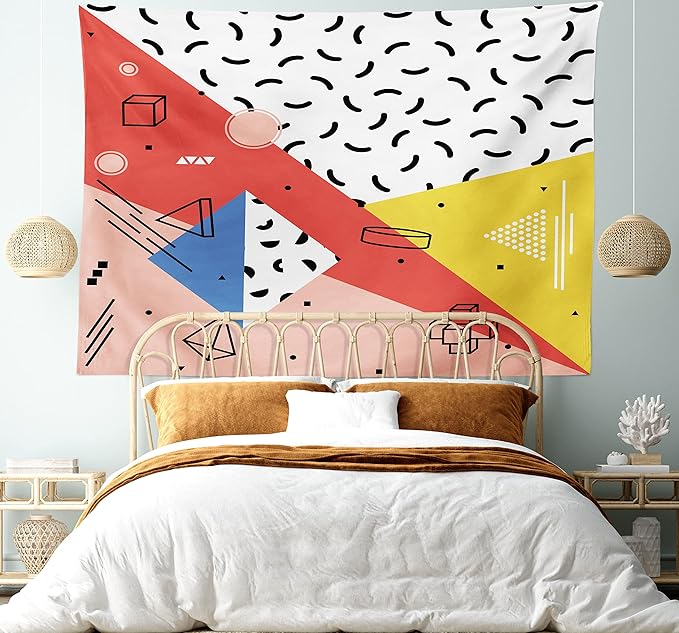 Ambesonne Abstract Tapestry, Modern Geometric Trippy Triangles Cubes Circles Rollers Dots Print, Wide Wall Hanging for Bedroom Living Room Dorm, 80" X 60", Coral Pink