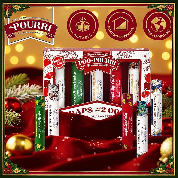 Poo-Pourri Holiday On-The-Go Travel Size, 5 pack Gift Set, Spritzmas Spice, Vanilla Bourbon, Oh Spritzmas Tree, Frosty Flush10mLs