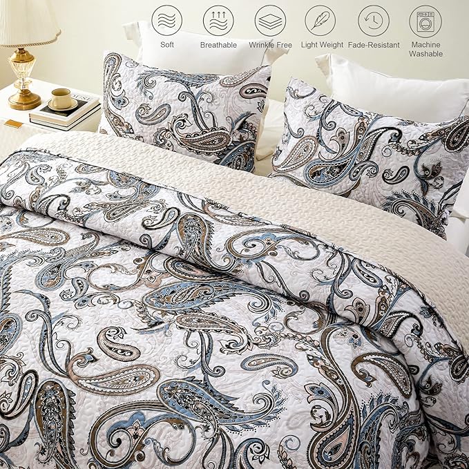 Whale Flotilla Reversible Printed Quilt King Size, Extra Soft Boho Paisley Floral Bedspreads for Bed Lightweight King Quilt Bedding Set Coverlets with 2 Pillow Shams for All Seasons, Bone Grey