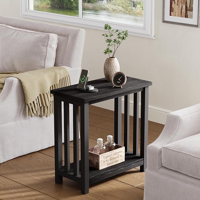 ChooChoo Mission End Tables Set of 2, Narrow Side Tables for Small Spaces, Night Stands with Storage Shelf for Living Room and Bedroom, Black