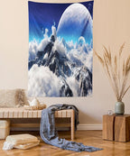 Ambesonne Fantasy Tapestry, Celestial View of Snow Capped Mountains and Alien Planet Print, Fabric Wall Hanging Decor for Bedroom Living Room Dorm, 23" X 28", White and Navy Blue