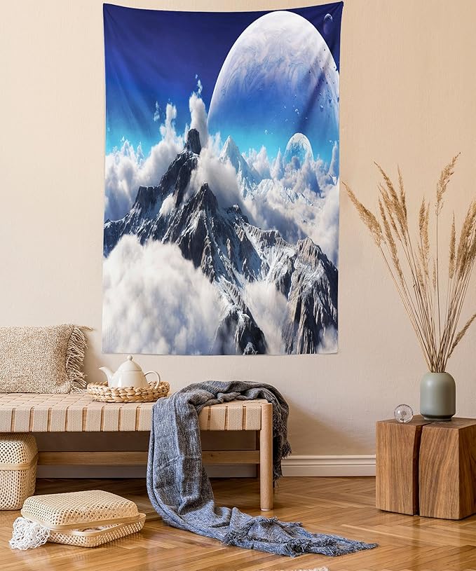 Ambesonne Fantasy Tapestry, Celestial View of Snow Capped Mountains and Alien Planet Print, Fabric Wall Hanging Decor for Bedroom Living Room Dorm, 23" X 28", White and Navy Blue