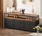 Huuger LED TV Stand for Bedroom, 55 Inch Fabric Dresser with Power Outlets, Entertainment Center for 60, 55 Inch TV, 6 Drawer Dresser for Bedroom, Chest of Drawers with Shlef, PU Leather, Rustic Brown