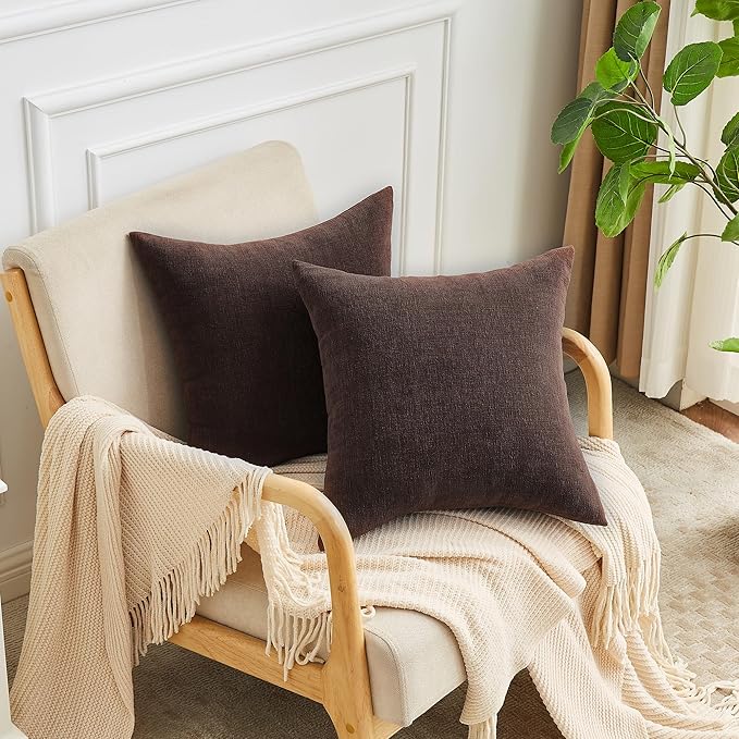GAWAMAY Decorative Square Throw Pillow Covers 20"x20" Inch Set of 2, Super Soft Chenille Pillows Farmhouse Fall Pillowcase for Living Room Bedroom Sofa Couch Cushion Cover Coffee 50x50cm (No Inserts)