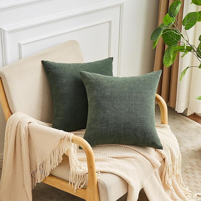GAWAMAY Decorative Square Throw Pillow Covers 18"x18" Inch Set of 2, Super Soft Chenille Pillows Cover Pillowcase for Living Room Bedroom Sofa Couch Cushion Cover Dark Green 45x45cm (No Insert)