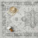 Gray 8x10 Area Rug Washable Vintage Living Room Carpet Non Slip Retro Distressed Low Pile Soft Oriental Medallion Thin Large Grey Throw Rug for Office Bedroom Dining Room Playroom