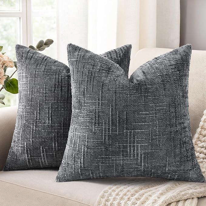 decorUhome Spring Dark Grey Chenille Euro Sham Throw Pillow Covers 26x26 Set of 2 Textured Soft Cozy Slubby Couch Pillow Covers Modern Farmhouse Boho Decorative Pillow Cases for Bed Sofa Living Room