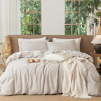MooMee Gingham Duvet Cover Set 100% Washed Cotton Linen Like Textured Breathable Durable Soft Comfy Modern Checkered Design (Mini Gingham Tannish Linen Grey, Full 80"x90")
