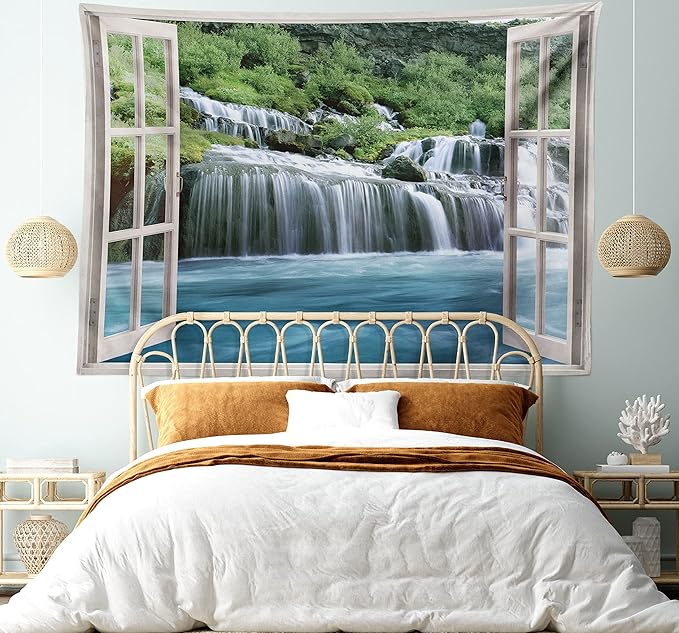 Ambesonne Waterfall Tapestry, Majestic Waterfall Landscape Through a Window Imaginary Secret Paradise Print, Fabric Wall Hanging Decor for Bedroom Living Room Dorm, 23" X 28", Blue Green