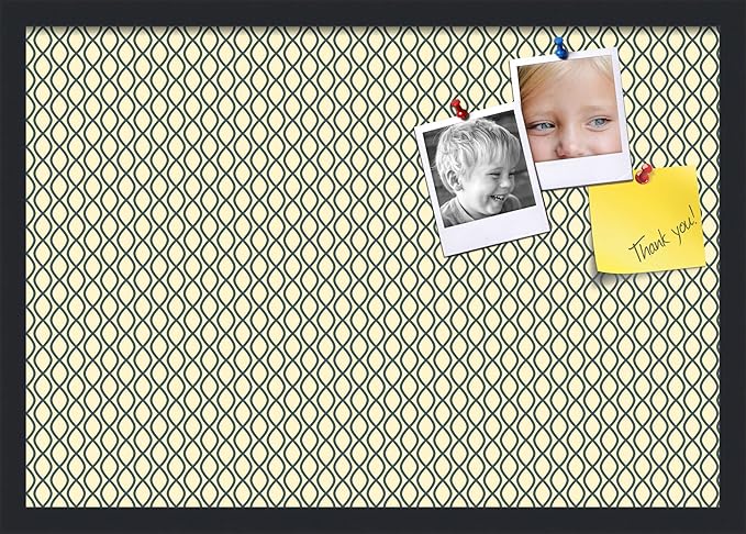 PinPix 26x18 Inch Cork Bulletin Board. This Decorative Framed Pin Board Comes with Yellow and Blue Waves Design and a Satin Black Frame. Ideal for Home Office Decor or Message Board (PinPix-321)