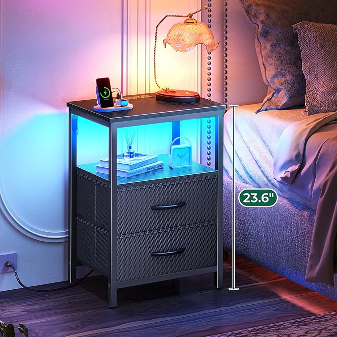 Huuger Night Stand with Charger Station and LED Lights, 2 Drawer Nightstand, Bed Side Table with Open Shelf, End Table, Fabric Dresser for Bedroom, Black