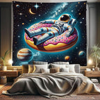 Ambesonne Funny Astronaut Tapestry King Size, Spaceman Floating on a Donut Through the Galaxies Planets Moon, Wall Hanging Bedspread Bed Cover Wall Decor, 104" X 88", Petrol Blue Pink Orange