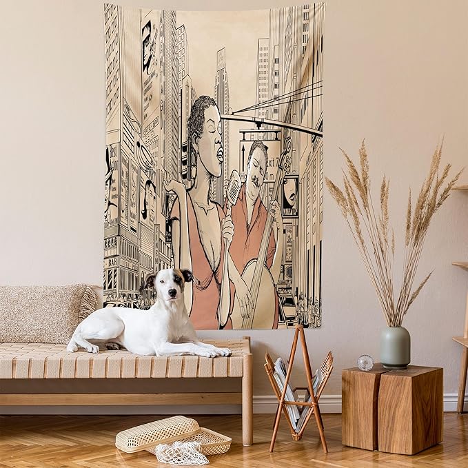 Ambesonne Jazz Music Tapestry Queen Size, Singer Double-Bass Player in a Street of New York Urban Lifestyle Image, Wall Hanging Bedspread Bed Cover Wall Decor, 88" X 88", Brown Beige