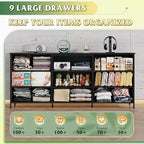 WLIVE 63''W Dresser for Bedroom, Black Dresser TV Stand for 65, 70, 75 inch TV, Wide Chest of Drawers with 9 Drawer, Large Entertainment Center, Fabric Dressers with Wood Top for Closet, Living Room