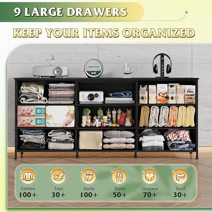 WLIVE 63''W Dresser for Bedroom, Black Dresser TV Stand for 65, 70, 75 inch TV, Wide Chest of Drawers with 9 Drawer, Large Entertainment Center, Fabric Dressers with Wood Top for Closet, Living Room