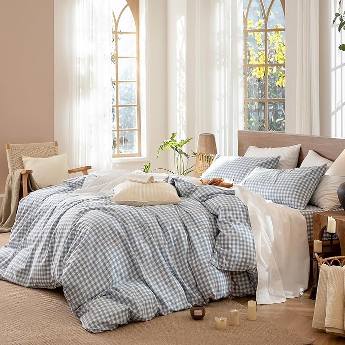 MooMee Gingham Duvet Cover Set 100% Washed Cotton Linen Like Textured Breathable Durable Soft Comfy Modern Checkered Design (Classic Gingham Cornflower Blue, Super King 108"x98")
