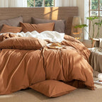 MooMee Wavy Striped Duvet Cover Set 100% Washed Cotton Linen Like Textured Breathable Durable Soft Comfy (Dark Orange, Full 80"x90")