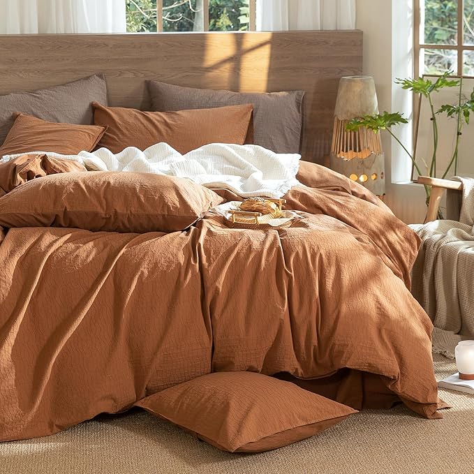 MooMee Wavy Striped Duvet Cover Set 100% Washed Cotton Linen Like Textured Breathable Durable Soft Comfy (Dark Orange, King 104"x90")