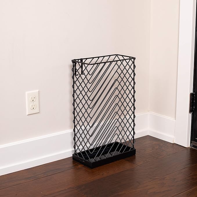 BIRDROCK HOME Decorative Umbrella Stand with Removable Water Tray - Large Metal Umbrella Rack and Cane Walking Stick Organizer for Entryway - Umbrella Holder for Indoor & Outdoor - Black, Diagonal