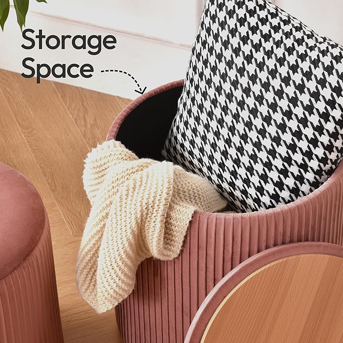 Ottoman with Storage Set of 2, Velvet Round Storage Ottoman, Upholstered Sponge Vanity Stool Support 300lbs, Multifunctional Coffee Table Foot Rest Ottoman for Living Room Bedroom, Pink