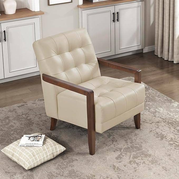 Lexicon Modern Accent Chair, Luxury Genuine Leather Match Living Room Chair With Tufted Cushions, Arm Chair With Solid Wood Frame, Comfy Single Chair For Living Room/Bedroom/Reading Room/Office, Beige
