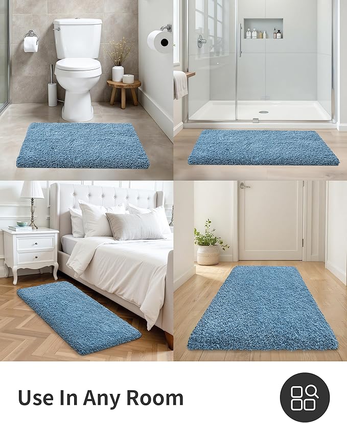 ILANGO Blue Bathroom Rugs 32" × 20" Non Slip & Super Absorbent Extra Thick Soft, Washable Bath Mat for Floor, Microfiber Plush Shaggy Bath Rug with Rubber for Bathtub Shower Room Sink