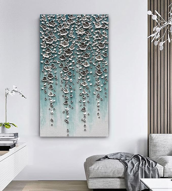 Epicler Large-Scale Oil Painting on Canvas Wall Art,46x23 inches Hand-Painted White Flower Wall Painting, Abstract Canvas Wall Art for Home Wall Decoration