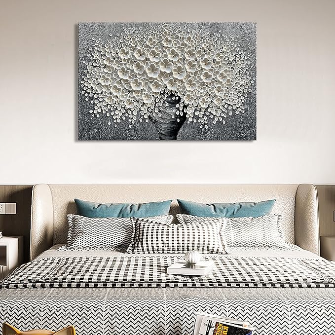 Epicler 30x45 inch Hand-Painted Oil Painting, White Bouquet Oil Painting, Canvas Wall Decoration Painting.