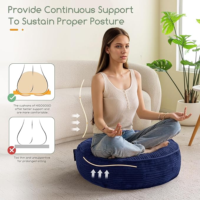 6" Washable Floor Pillow Cushion for Adults, Meditation Cushion Pillow, Large Round Floor Sitting, Removable Tufted Corduroy Cover, for Tatami Living Room or Yoga, 22x22 Inch, Machine Washable