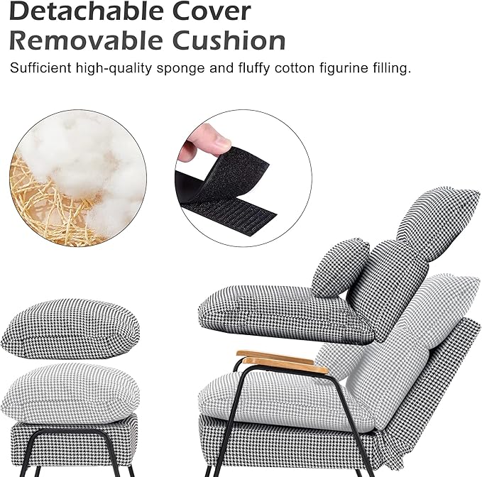 MCombo Accent Recliner Chair with Ottoman, Modern Fabric Armchair, Upholstered Sofa Bed for Living Room Bedroom, Small Space 4055 (Black Frame, Houndstooth)