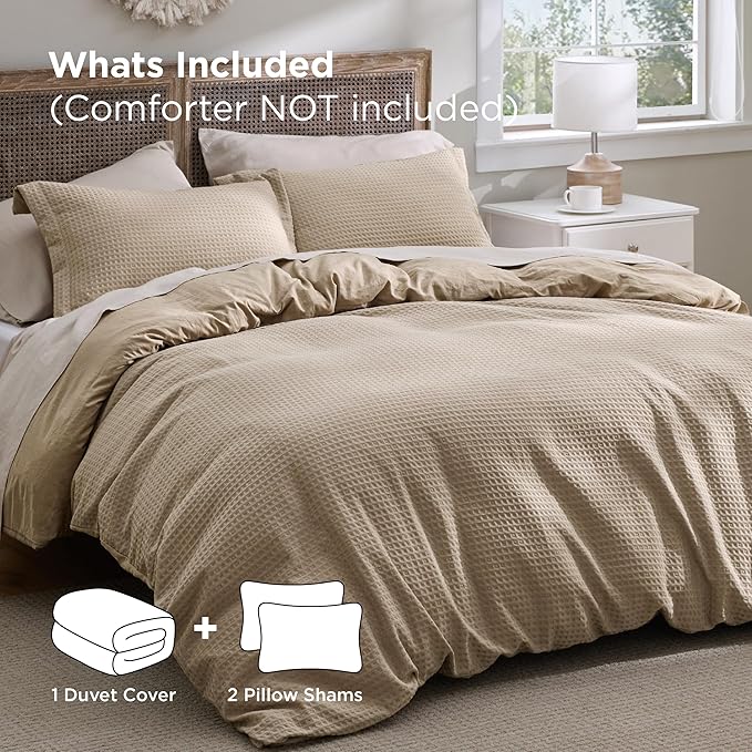 Bedsure Luxury Waffle Duvet Cover Queen Size - Textured Duvet Cover Set, Soft, Breathable Bedding Set (90"x90") with 2 Pillow Shams for All Season, Khaki, Comforter Not Included