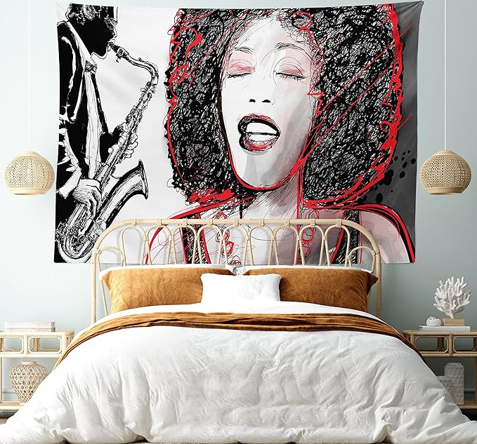 Ambesonne African Tapestry, Afro Lady Singing a Jazz Song with Saxophone Player Silhouette Vintage Design, Fabric Wall Hanging Decor for Bedroom Living Room Dorm, 28" X 23", Black Pale Grey
