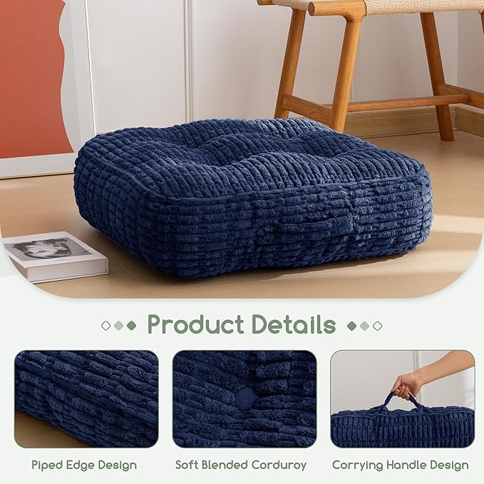6" Washable Floor Pillow Cushion for Adults, Meditation Cushion Pillow, Removable Tufted Blended Corduroy Cover, Large Square Floor Sitting for Tatami Living Room or Yoga, 22x22 Inch, Machine Washable