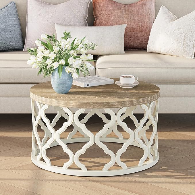 karlott Farmhouse Coffee Table, French Country Round Coffee Table, Coastal Coffee Tables with Distressed Top, Boho Center Table with Curved Motif Frame Base for Living Room, Dining Room, Bedroom
