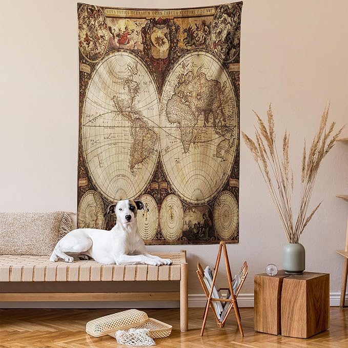 Ambesonne World Map Tapestry King Size, Old World Map Drawn in 1720s Nostalgic Style Art Historical Atlas Vintage Design, Wall Hanging Bedspread Bed Cover Wall Decor, 88" X 88", Multicolor