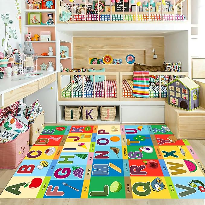 4x6ft ABC Alphabet Learning Rug for Toddlers & Kids - Educational Play Mat with Letters, Animals, Objects，Interactive Colorful Nursery Carpet for Playroom, Bedroom, Preschool Classroom Decor