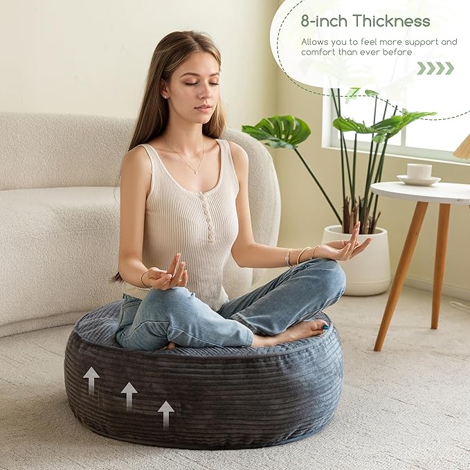 8" Washable Floor Pillow Cushion for Adults, Meditation Cushion Pillow, Large Round Floor Sitting, Removable Tufted Corduroy Cover, for Tatami Living Room or Yoga, 22x22 Inch, Machine Washable