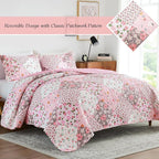 Whale Flotilla Patchwork Quilt King Size, Extra Soft Boho Floral Bedspreads for Bed Reversible Lightweight King Quilt Bedding Set Printed Coverlets with 2 Pillow Shams for All Seasons, Pink