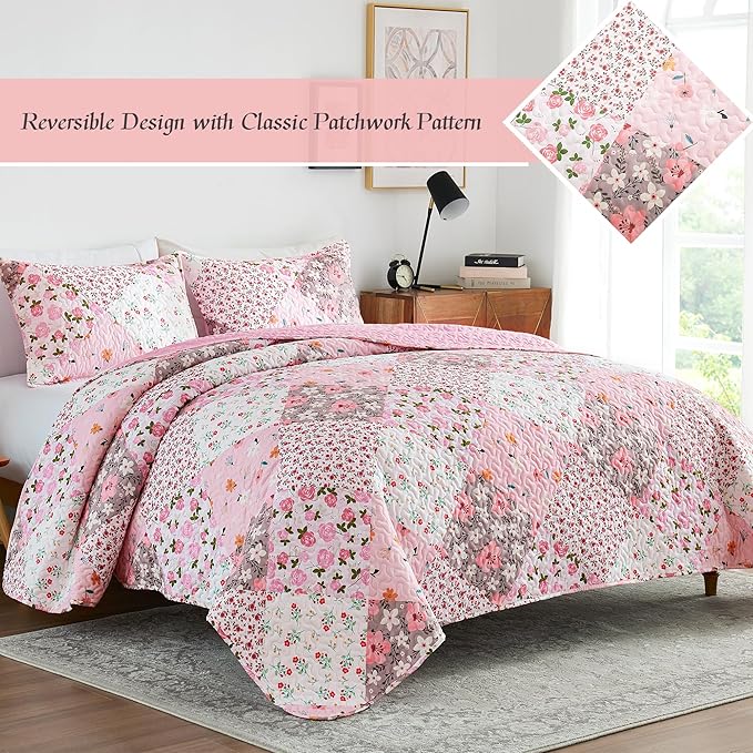 Whale Flotilla Patchwork Quilt Twin Size, Extra Soft Boho Floral Bedspreads for Bed Reversible Lightweight Twin Quilt Bedding Set Printed Coverlets with 1 Pillow Sham for All Seasons, Pink