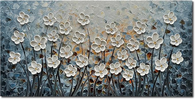 White Flower Canvas Wall Art Painting Hand-Painted Contemporary Art Works Living Room, Bedroom, Dining Room Wall Decoration 24x48 Inch