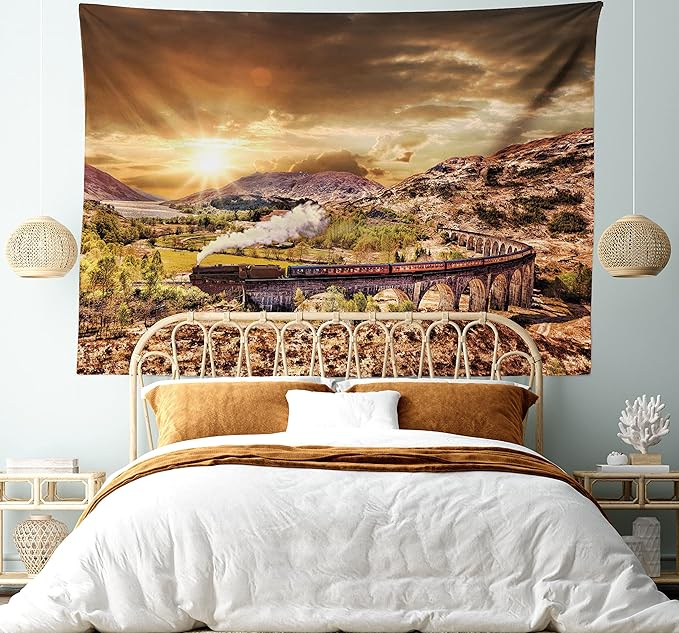 Ambesonne Wizard Tapestry, Wizard Express Famous Train Landscape Glenfinnan Railway Viaduct Scotland Sunset, Fabric Wall Hanging Decor for Bedroom Living Room Dorm, 45" X 30", Brown Green
