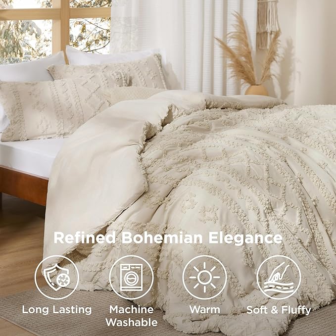 Bedsure Tufted Boho Comforter Set King Size - Beige Boho Bed Set, GentleSoft™ 3 Pieces Farmhouse Shabby Chic Embroidery Bedding, Gifts for Woman, Soft Jacquard King Comforter for All Seasons