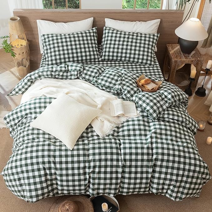 MooMee Gingham Duvet Cover Set 100% Washed Cotton Linen Like Textured Breathable Durable Soft Comfy Modern Checkered Design (Buffalo Plaid Forest Green, King 104"x90")